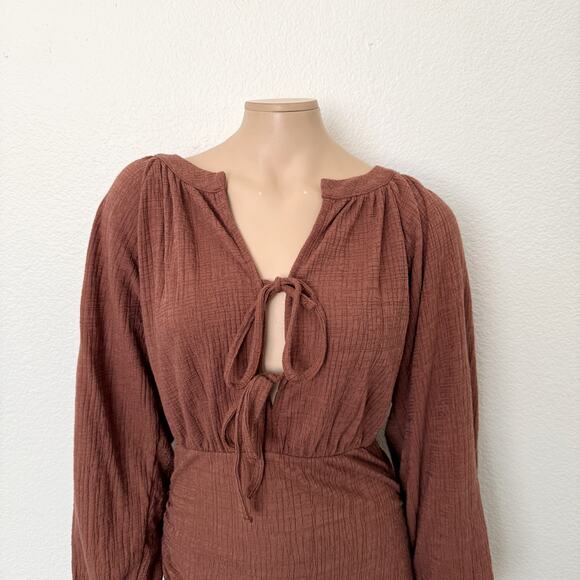 [ASOS] Brown Textured Long Balloon Sleeves Front Tie Ruched Mini Dress Size US 4 - Picture 3 of 12